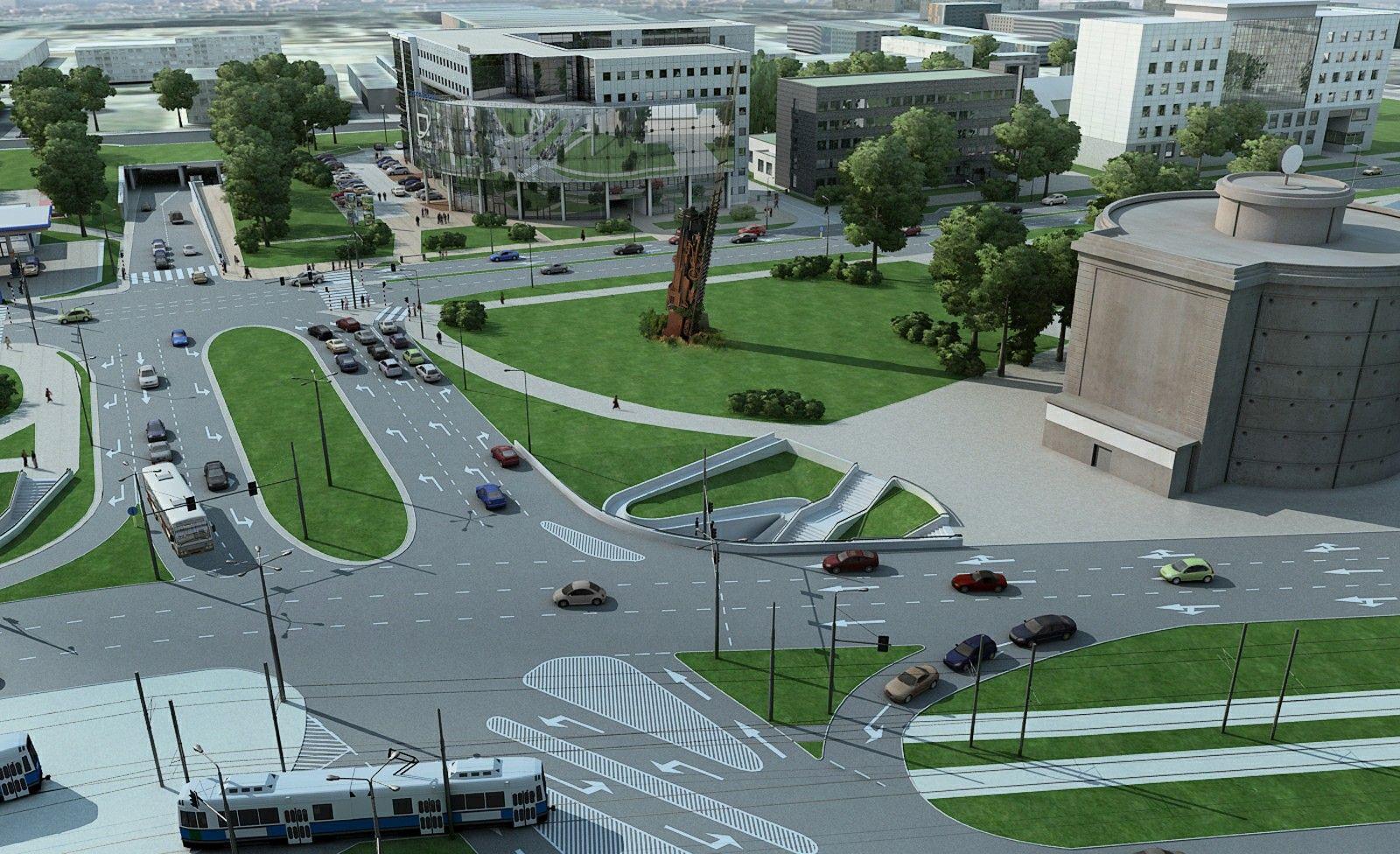 Schron projektu R. Konwiarza, instalacja Pociag do nieba autorstwa A. Jarodzkiego i biurowiec Silver Forum projektu SRDK STUDIO.jpeg